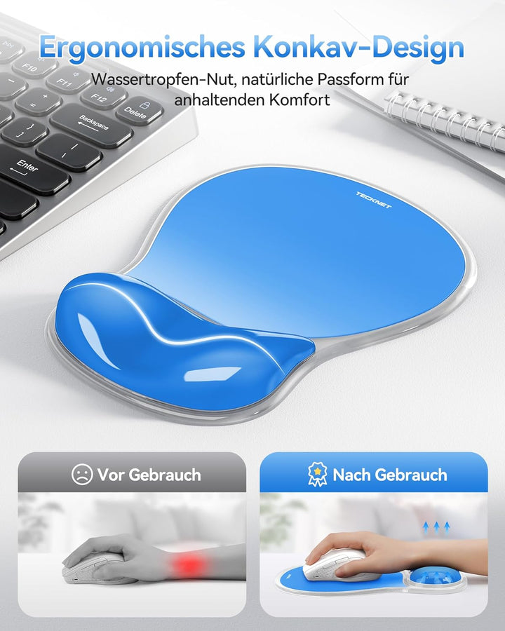 TECKNET Mauspad mit Gel-Handgelenkauflage, Ergonomische Tropfenförmige Vertiefung, Passt & Weich, Wa