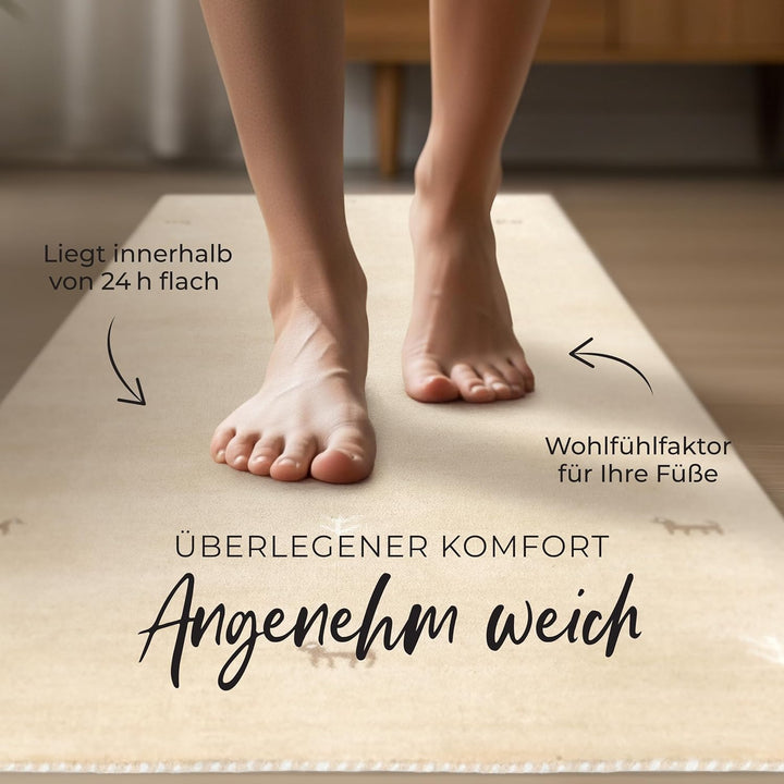 carpetfine Wollteppich Gabbeh Uni Läufer Beige 60x180 cm | Moderner Teppich für Wohn- und Schlafzimm