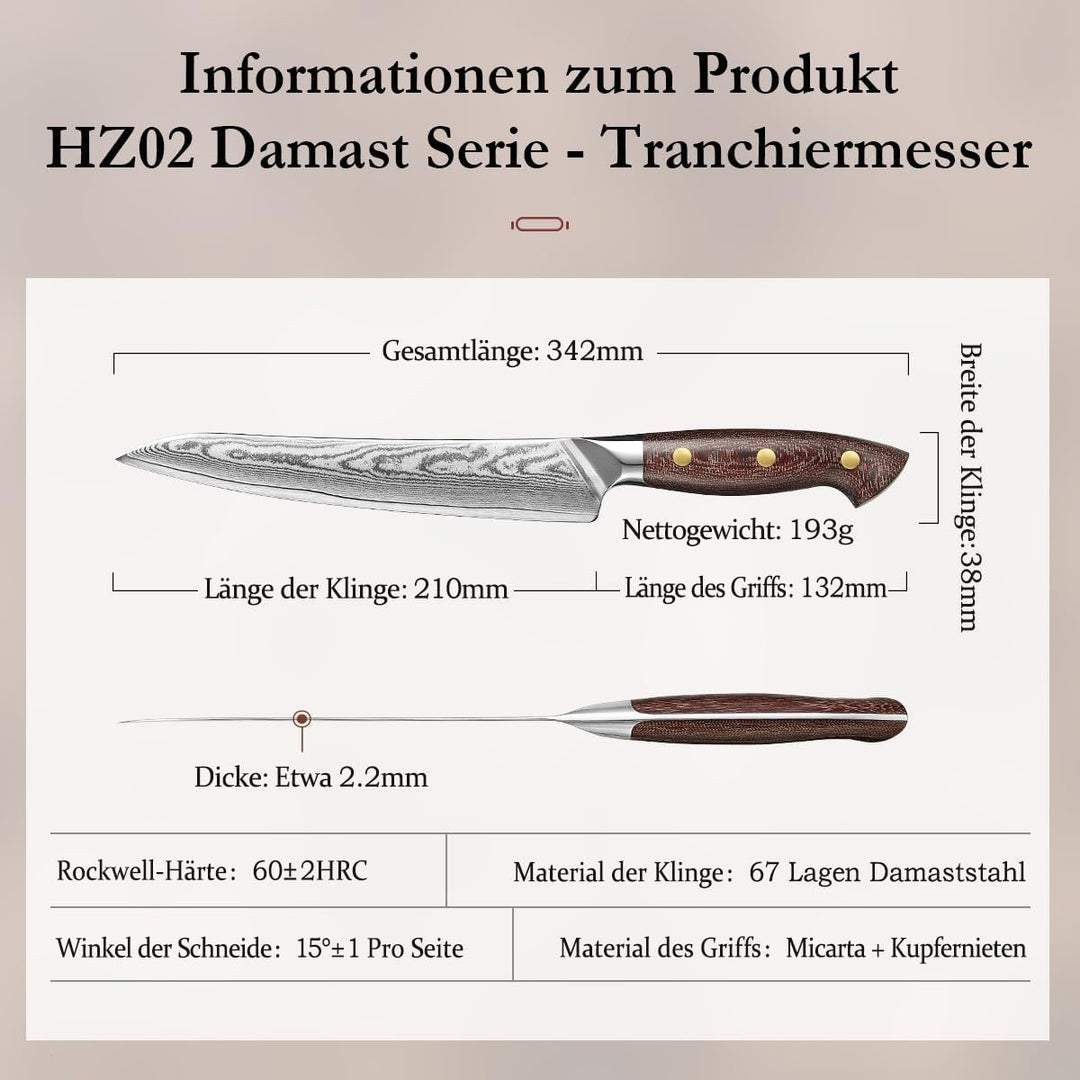 HEZHEN Fleischmesser Damastmesser, Damast Tranchiermesser, Chinesisch VG10 Damaststahl Profi Küchenm