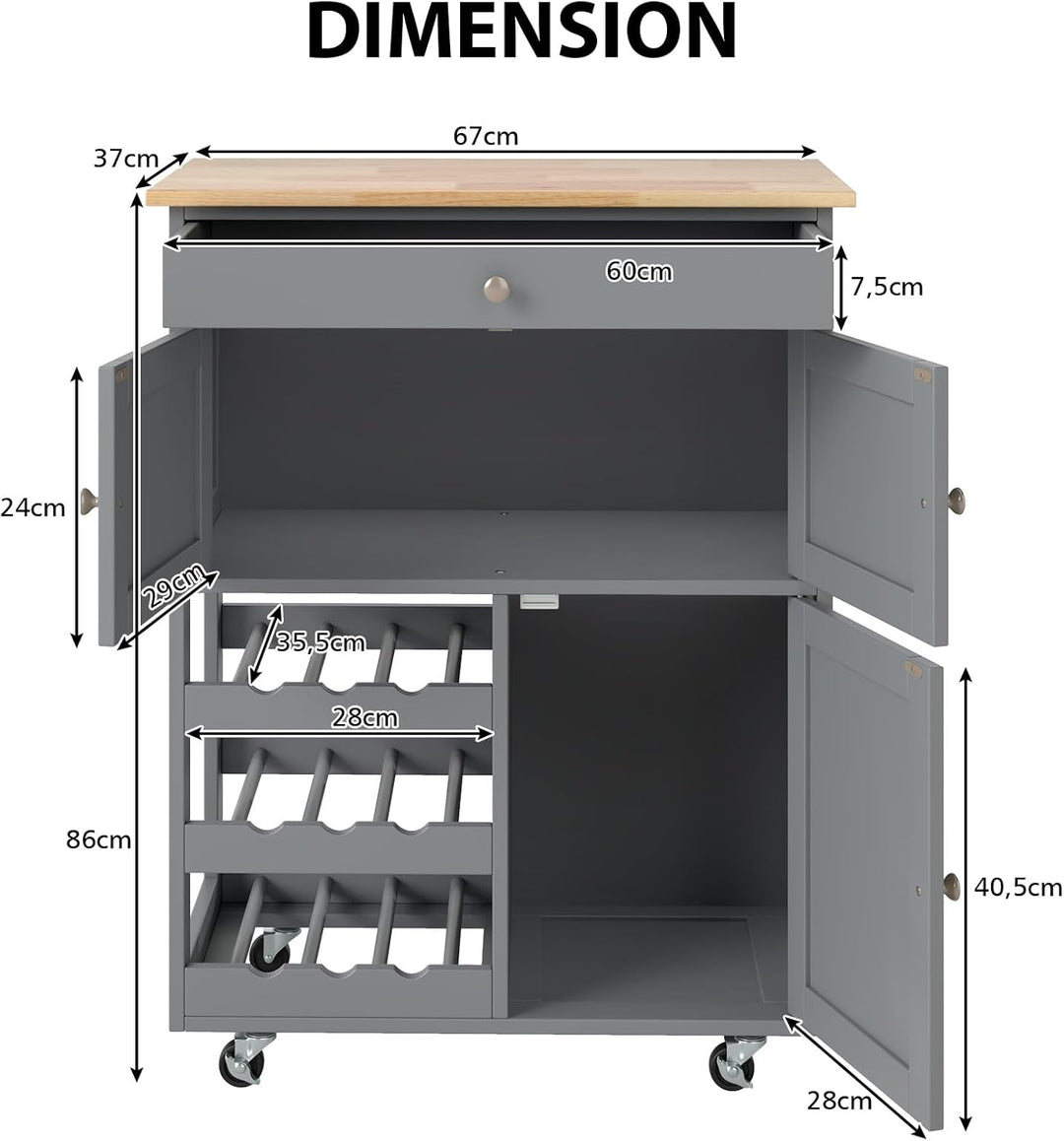 KOMFOTTEU Küchenwagen auf Rollen, Kücheninsel mit Weinregal & 2 Schränke & Schublade, Servierwagen a