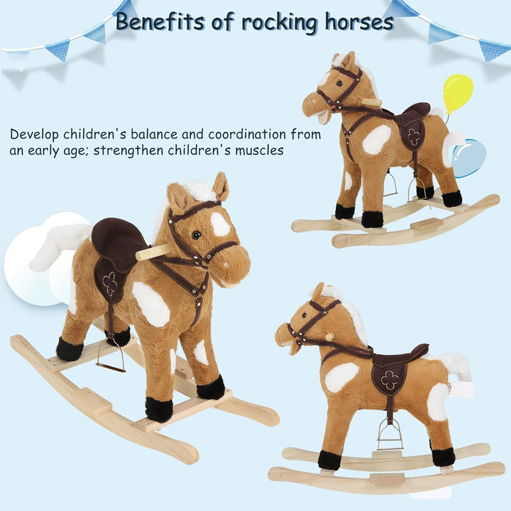 WOLTU Schaukelpferd für Babys, Spielzeug mit Tiergeräuschen und Haltegriffen, aus Plüsch und PP-Baum
