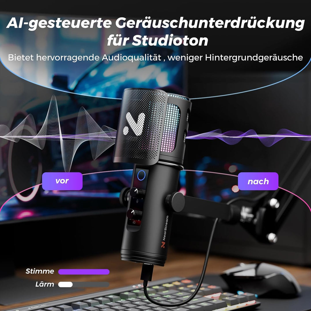 NearStream Gaming Mikrofon für PC, USB Mikrofon mit Rauschunterdrückung/RGB Licht/Stummschaltung/Ver