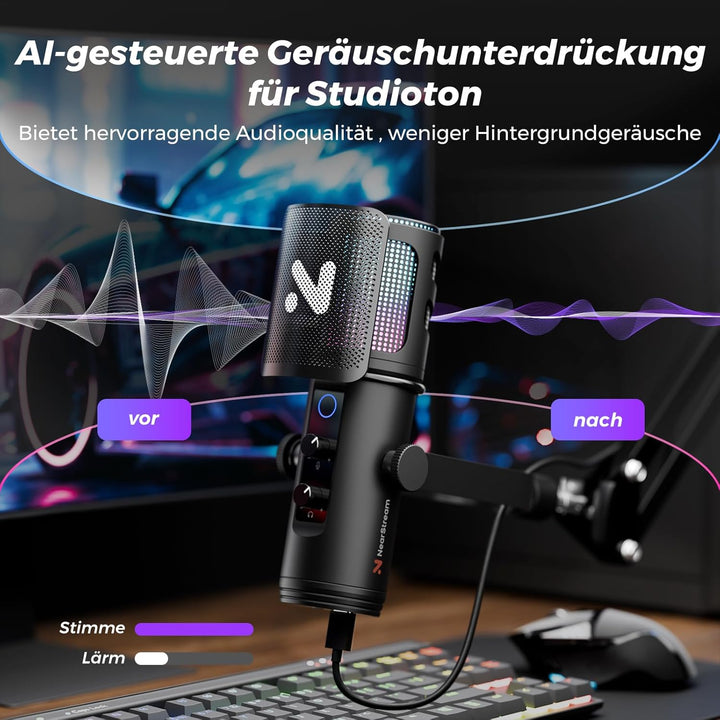 NearStream Gaming Mikrofon für PC, USB Mikrofon mit Rauschunterdrückung/RGB Licht/Stummschaltung/Ver
