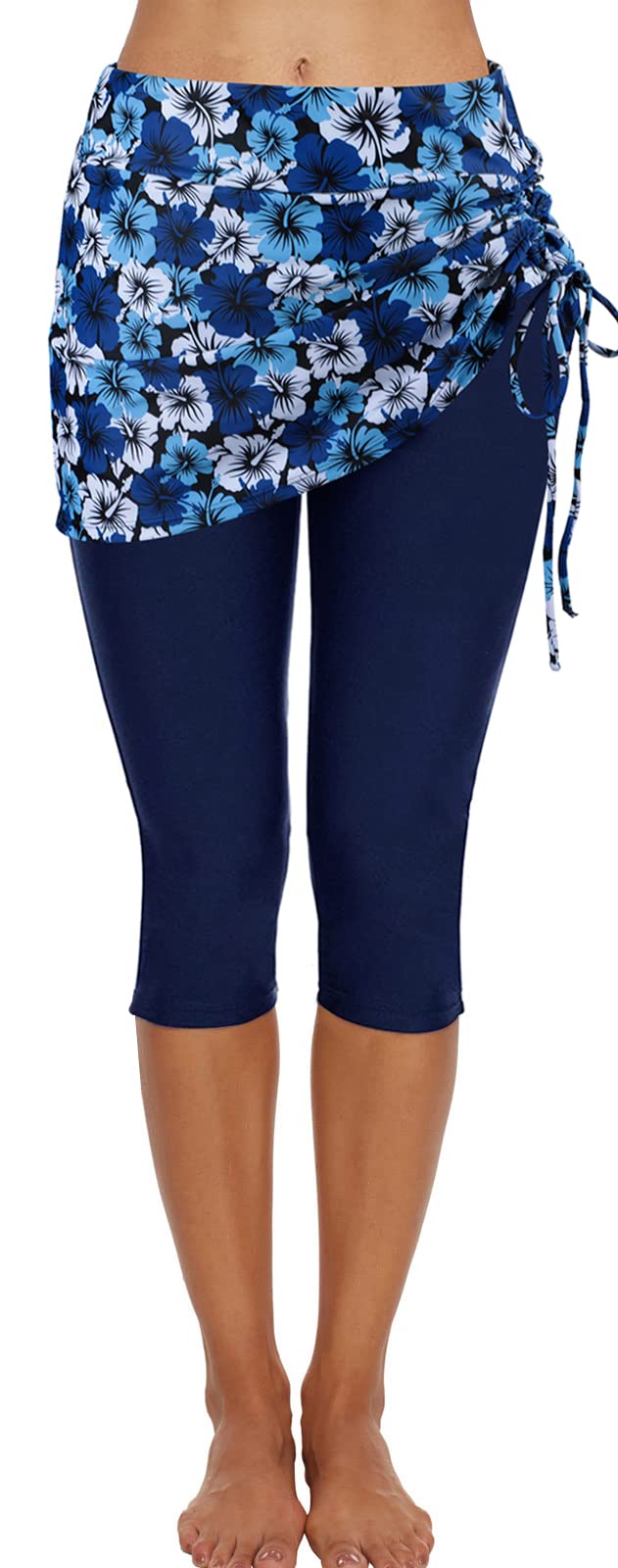 Ecupper Badehose Damen Lang Schwimmhose Capri Badeleggings Mit Rock Schwimm S Blaue Blumen, S Blaue