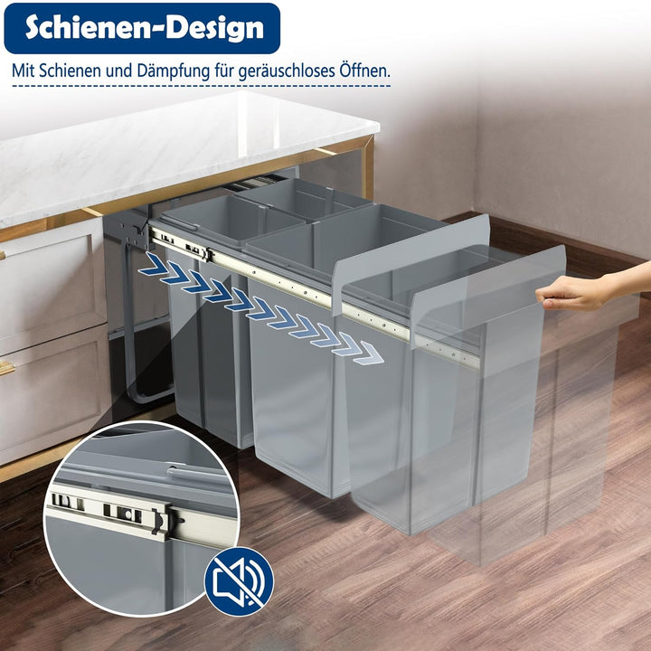 Grau 2 x 10L + 1 x 20L Einbaumülleimer Mülltrennsystem Ausziehbar Mehrfachbehälter Abfallsammler Sch