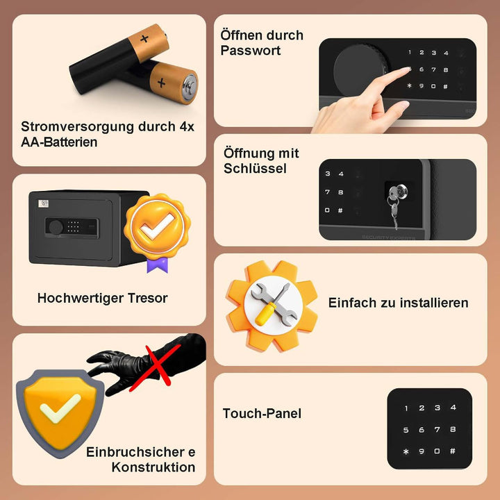 EXTRALINK Tresor für Zuhause – Elektronischer Safe mit Touchscreen, Doppelalarm, Feuerfest, Wandmont