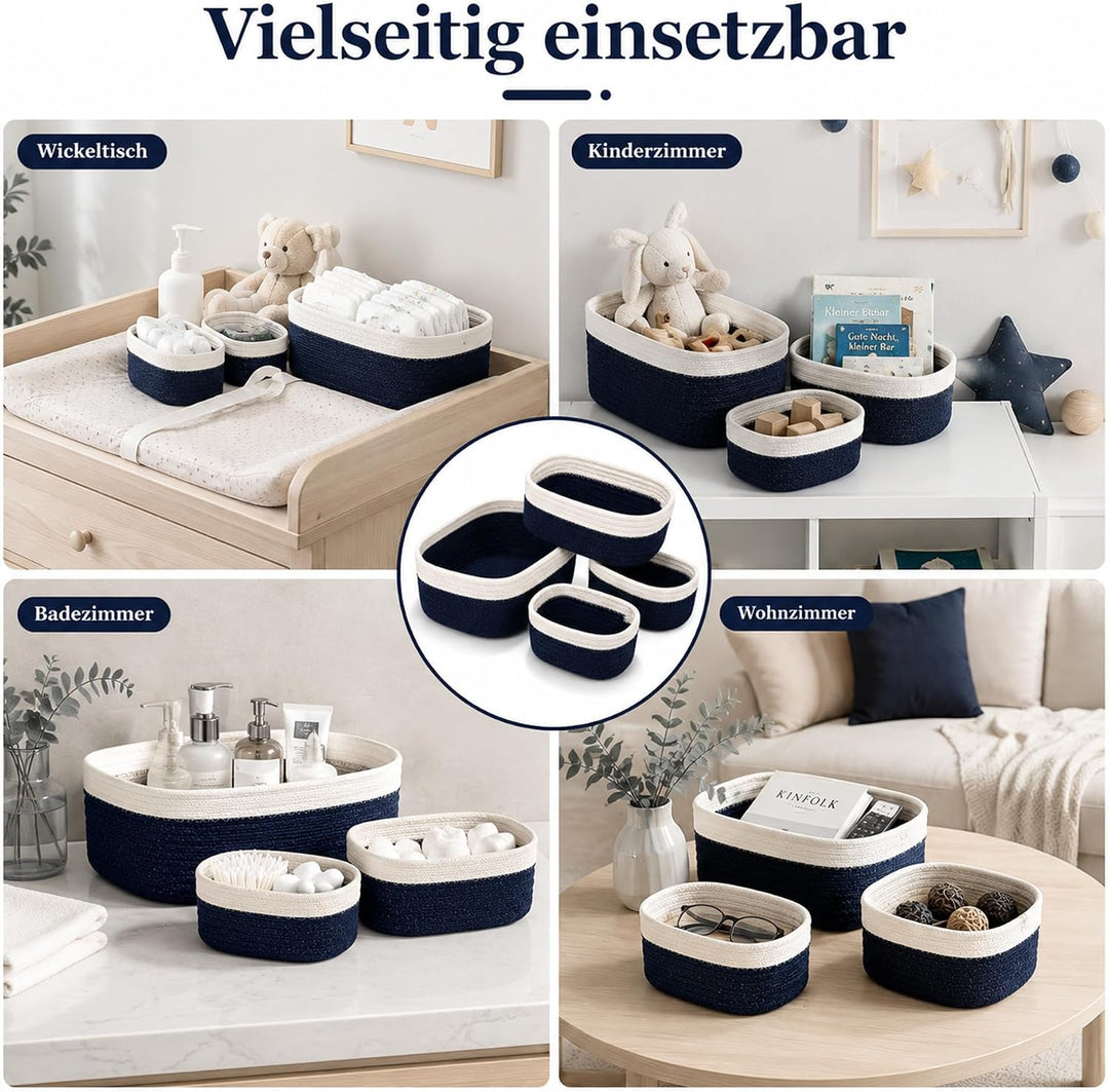 Jiahuade 4er Set Aufbewahrungskorb Geflochten Baumwollseil | Körbchen Wickeltisch Organizer,Aufbewah