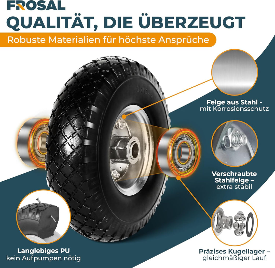 FROSAL 2x Vollgummireifen 260mm (3.00-4) pannensicher – Ersatzrad für Bollerwagen & Sackkarre – PU R