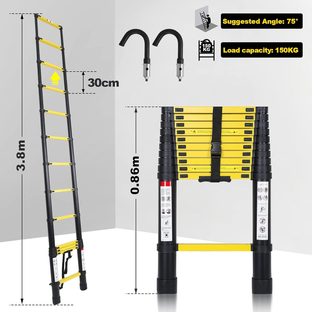 Sonnewelt 3,8M Teleskopleiter mit 2 Abnehmbarem Haken, Rutschfester Aluminium Stehleiter, 150 kg/330