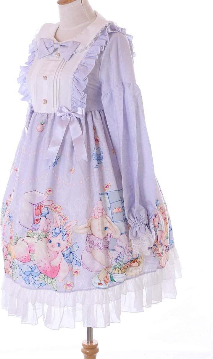 JSK-76-2 Lila Erdbeer Obst Hase Blumen Schleife Langarm Kleid Pastel Goth Lolita Cosplay Kostüm Kawa