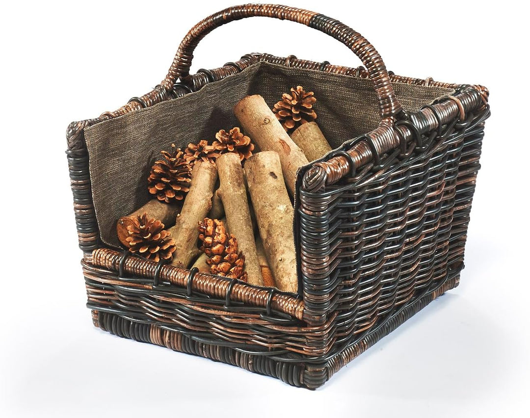 Kobolo Kaminholzkorb Holztrage Holzkorb für Kaminholz -Rattan- mit abnehmbaren dunklem Stoff 50x46x3