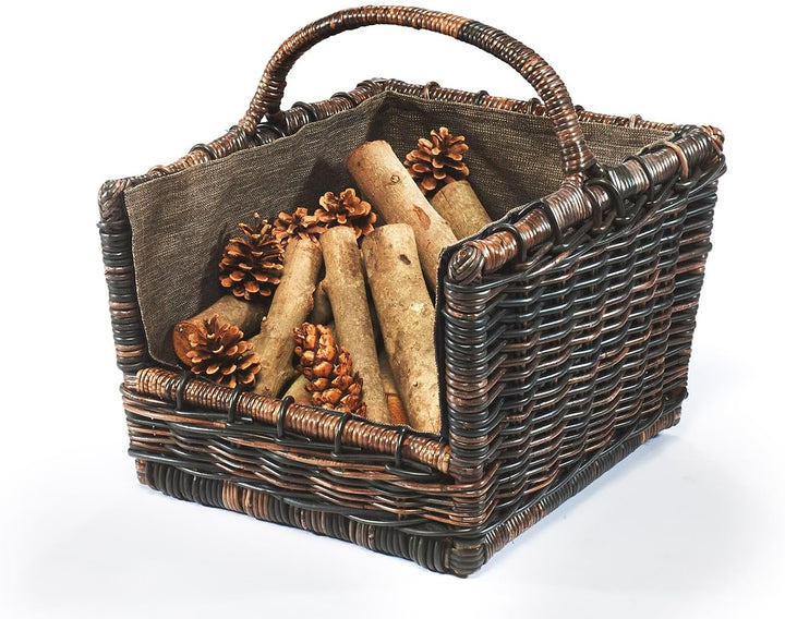 Kobolo Kaminholzkorb Holztrage Holzkorb für Kaminholz -Rattan- mit abnehmbaren dunklem Stoff 50x46x3