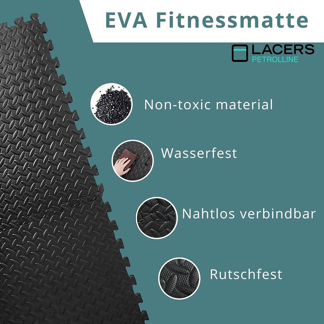 Lacers PETROLLINE Bodenschutzmatte Puzzelmatte 60x60cm schwarz 12er Set Sportmatte Gymnastikmatte Fi
