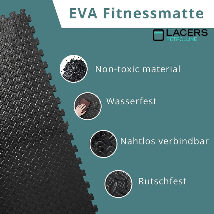 Lacers PETROLLINE Bodenschutzmatte Puzzelmatte 60x60cm schwarz 12er Set Sportmatte Gymnastikmatte Fi