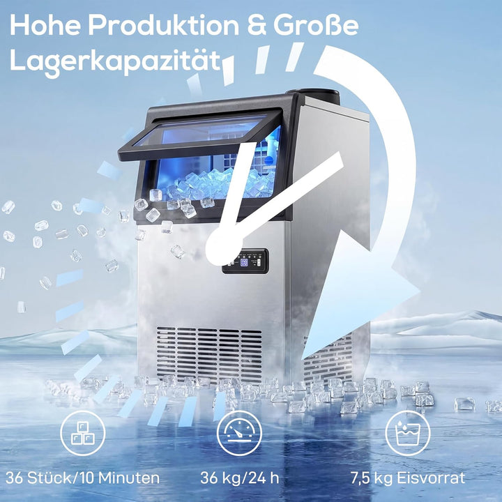 HOMCOM Kommerzielle Eiswürfelmaschine 36kg/24H selbstreinigend Eismaschine mit 7,5 kg Speicher, Time