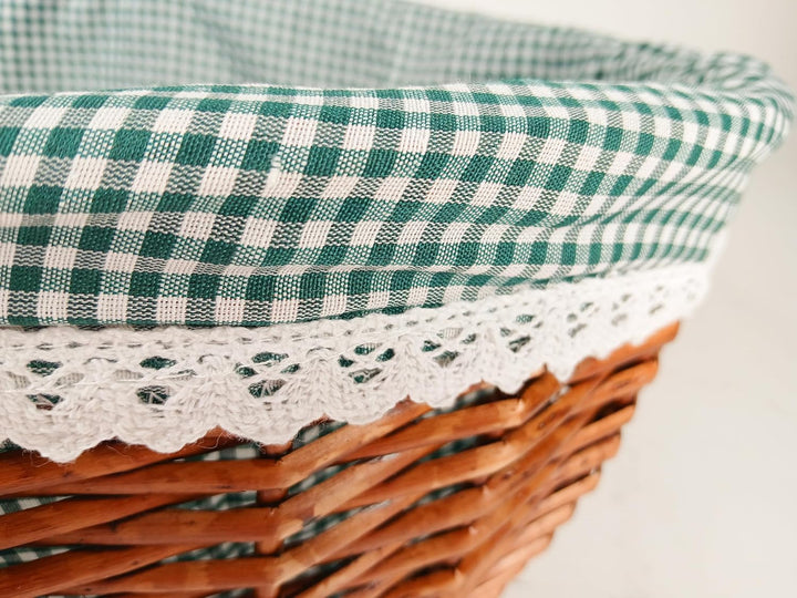 Kobolo Einkaufskorb geflochten Weide -mit Textil ausgeschlagen- grün weiss kariert - 45x34x20 cm