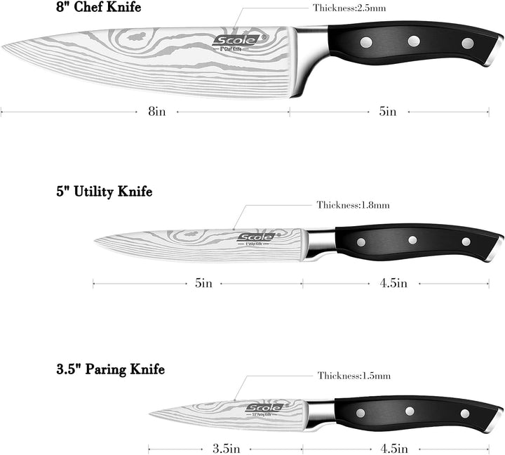 SCOLE® Messerset 3-teilig,Küchenmesserset aus deutschem 1.4116 Edelstahl | Scharfe Messer Set mit Kü