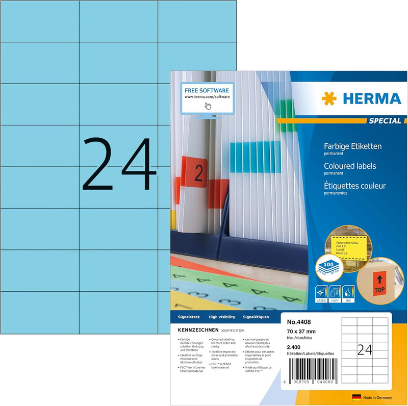 HERMA 4408 Farbige Etiketten blau, 100 Blatt, 70 x 37 mm, 24 Stück pro A4 Bogen, 2400 Aufkleber, sel