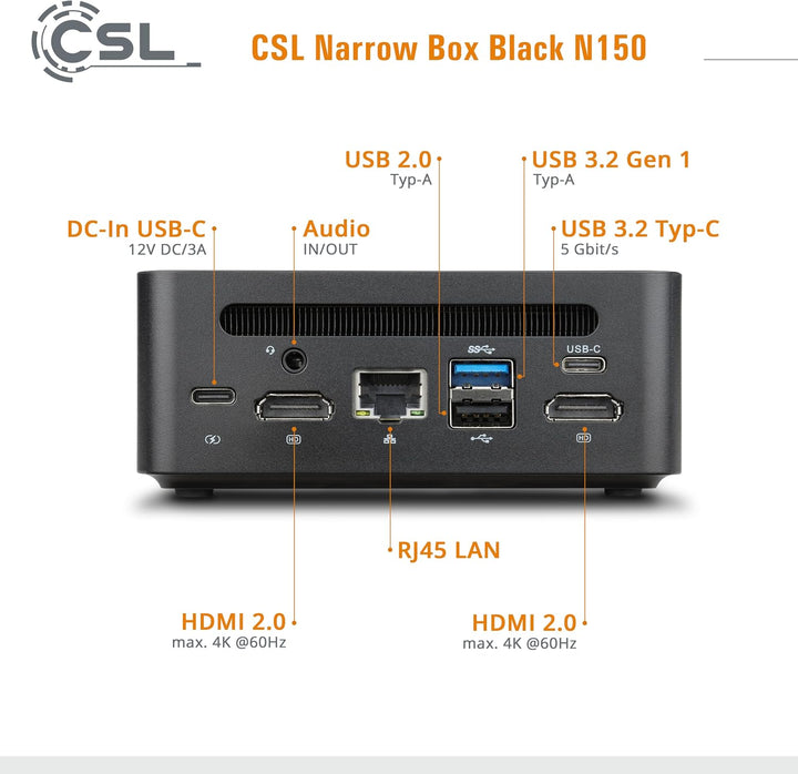 Mini PC CSL Narrow Box Black Windows 11 Pro, Intel N150 4X 3600 MHz Turbotakt, 500 GB M.2 SSD, 16 GB