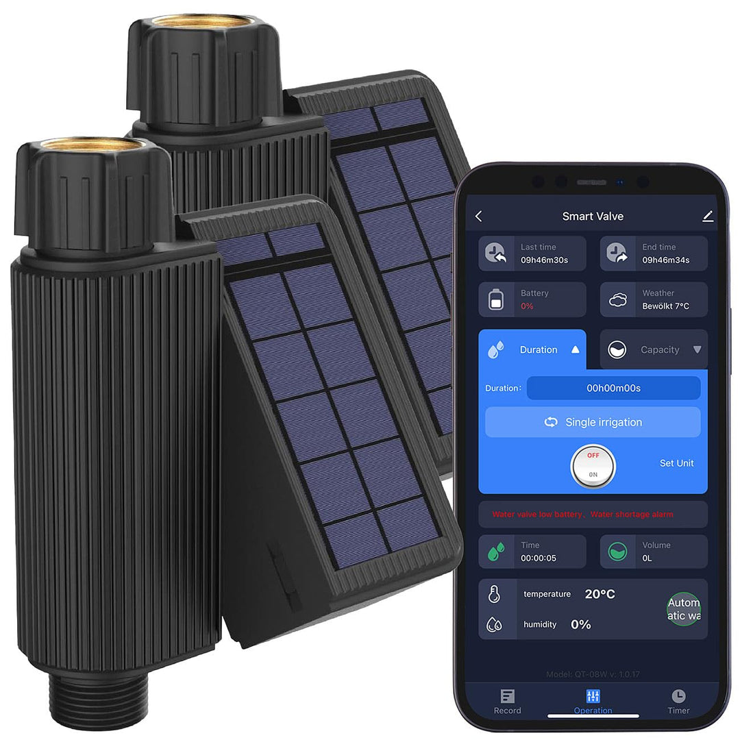 Royal Gardineer Solarbewässerungssysteme: 2er-Set WLAN-Bewässerungscomputer, Solarpanel, BT-Gateway,