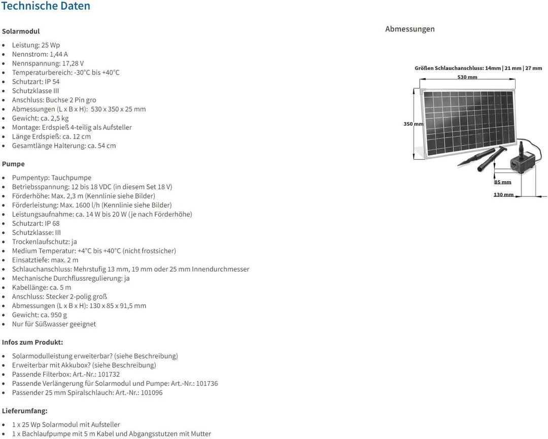 Solar Bachlaufset 25 Watt Solarmodul 1600 l/h Förderleistung 2,3 m Förderhöhe Komplettset Gartenteic