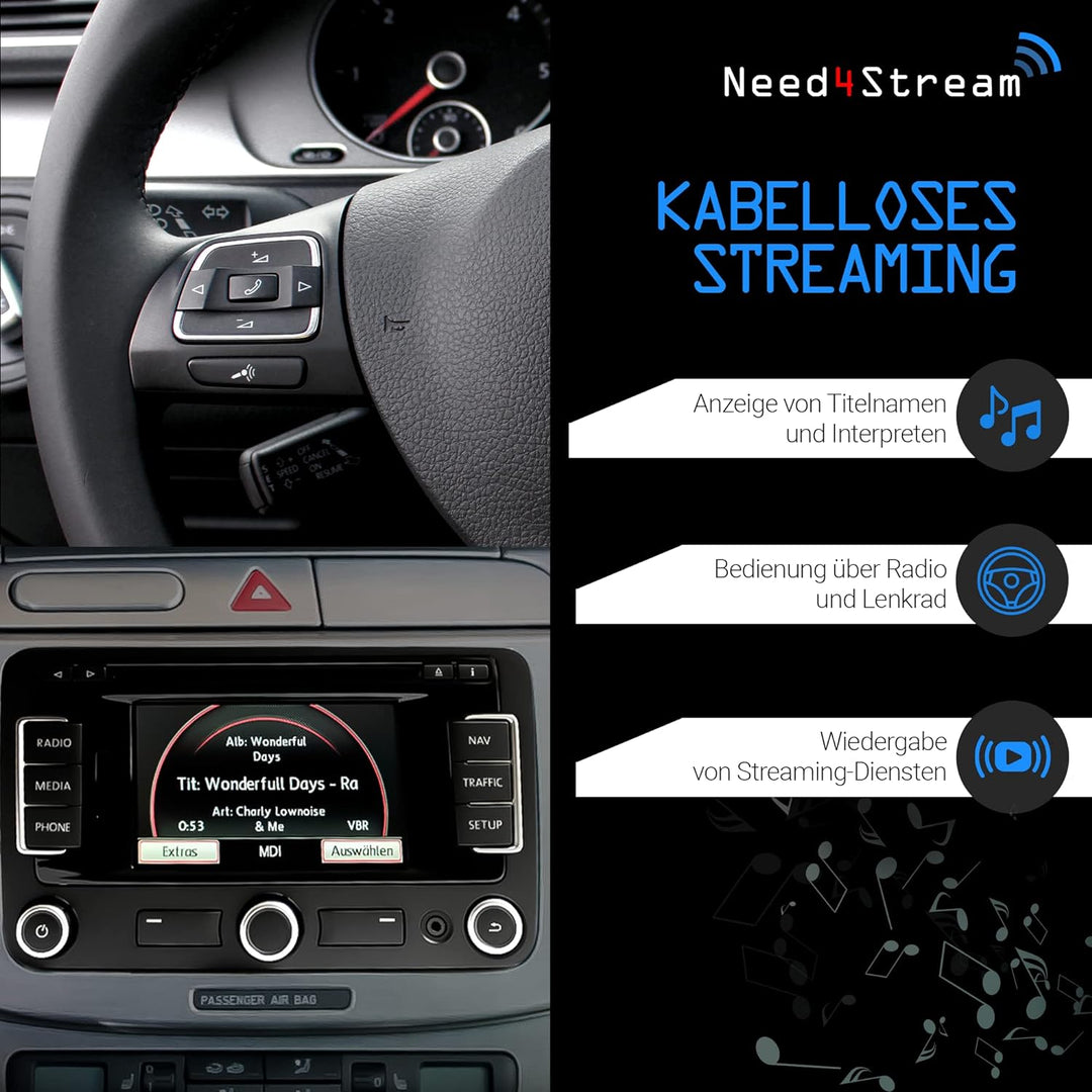 Need4Stream N4S79431 Bluetooth Adapter Auto kompatibel mit VW, Skoda und Seat, Audio Adapter mit Tit