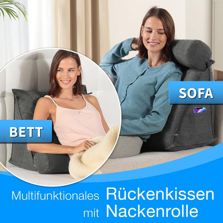 maxVitalis Rückenkissen Bett/Sofa mit Abnehmbarer Nackenrolle und Seitentasche, Rückenstützkissen mi