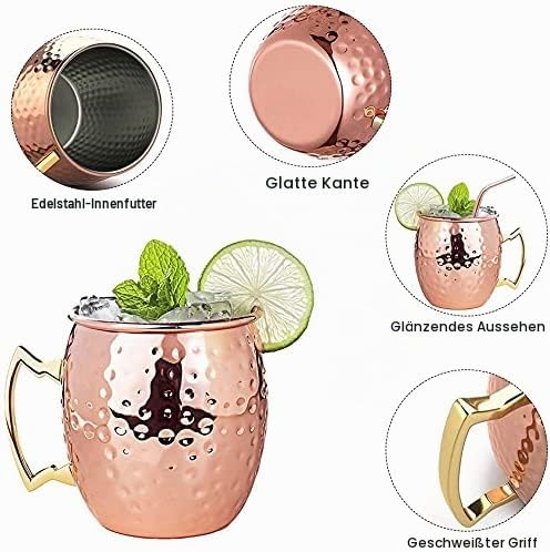 izdeel Moscow Mule Becher 4er Set Kupfer Becher 550ml für Cocktail, Gin, Bier, kalte Getränke, Zuhau
