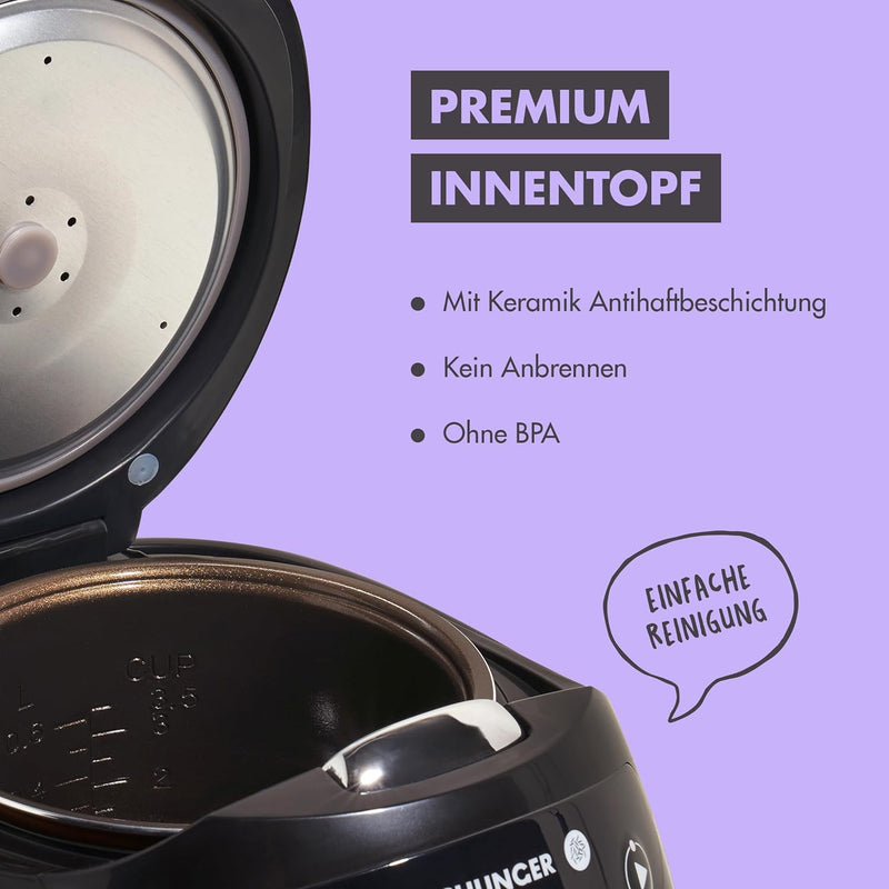 Digitaler Reishunger Mini Reiskocher und Dampfgarer in Schwarz - Warmhaltefunktion, Timer & Premium