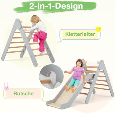 COSTWAY Kletterdreieck mit Rutsche, Klettergerüst aus Holz, Sprossendreieck zum Rutschen und Kletter