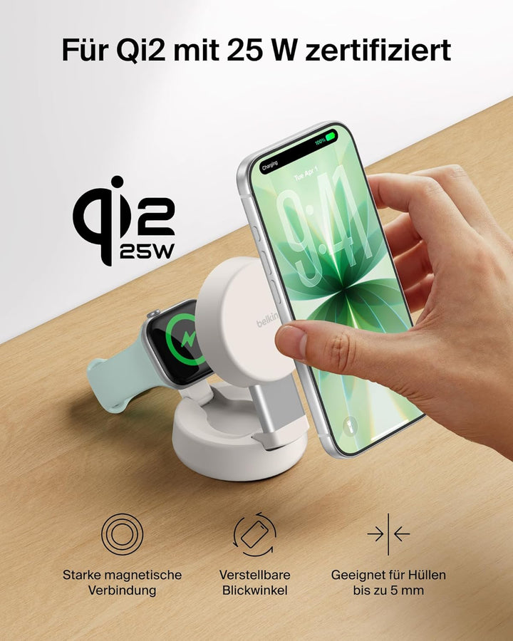 Belkin UltraCharge Pro MagSafe Ladegerät, Induktive Ladestation, Qi2.2 25W Verstellbarer 2-in-1 Wire