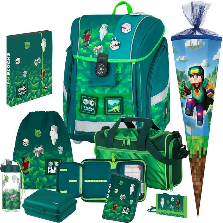 OB Premium Light - Playworld - Pixel - Schulranzen-Set 9tlg. mit Sporttasche, Schultüte N, Brotdose
