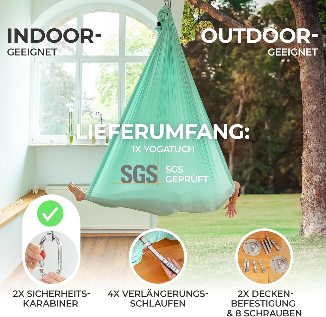 Yosana Hängematte | Komplettset inkl. Befestigung | TÜV geprüft | Nylon Tuch 5m x 2,6m Mintgrün (1 S