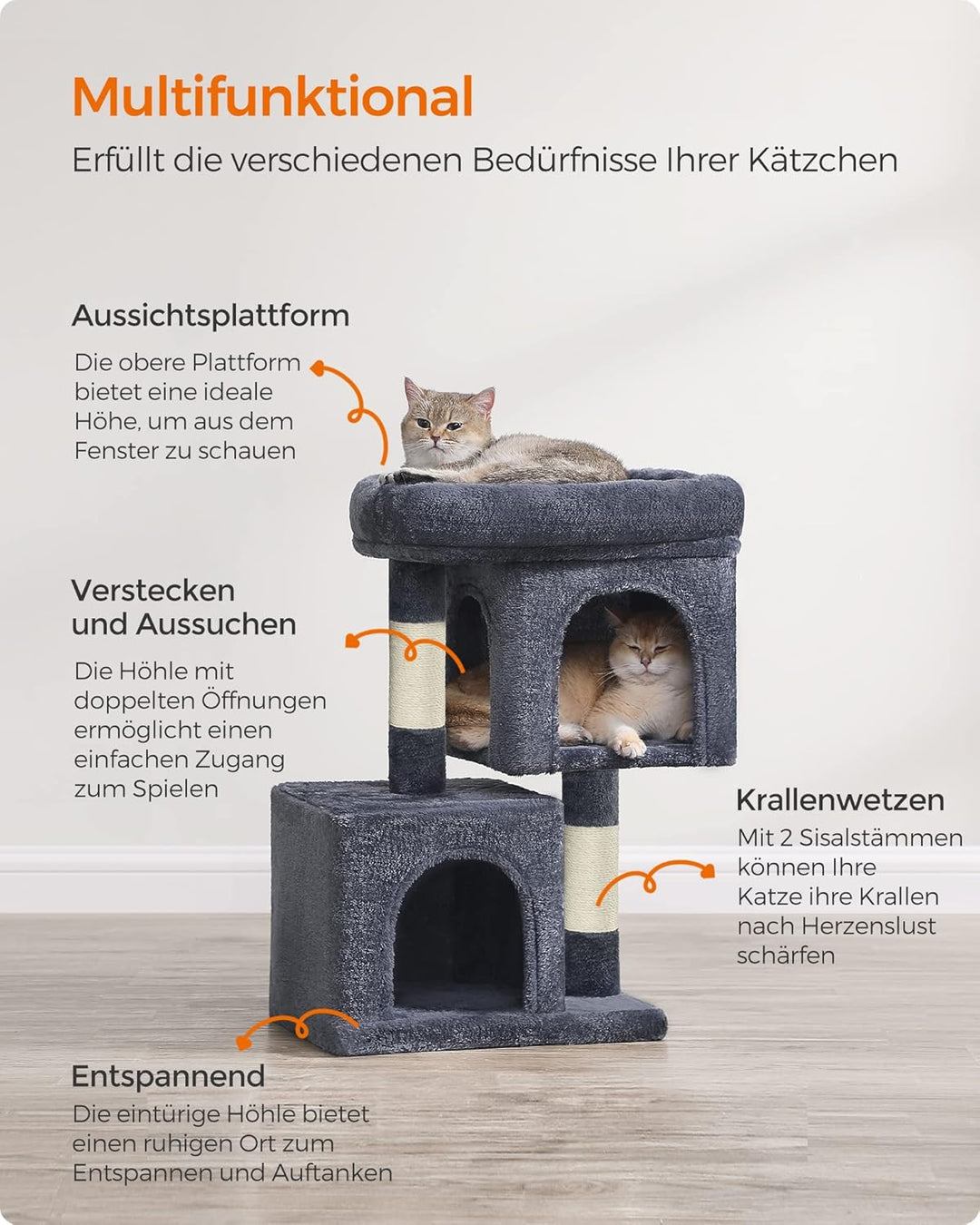 Feandrea Kratzbaum klein, 67 cm Katzenbaum, Katzenhaus für Kätzchen bis zu 3 kg, grosse Plattform, S