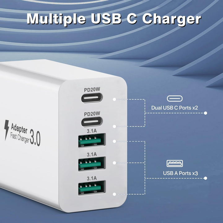 3er Pack USB C Ladegerät 50W, 5 Ports Mehrfach USB Stecker mit【2 USBC+3 USBA】, 50W Netzteil Wand-Lad
