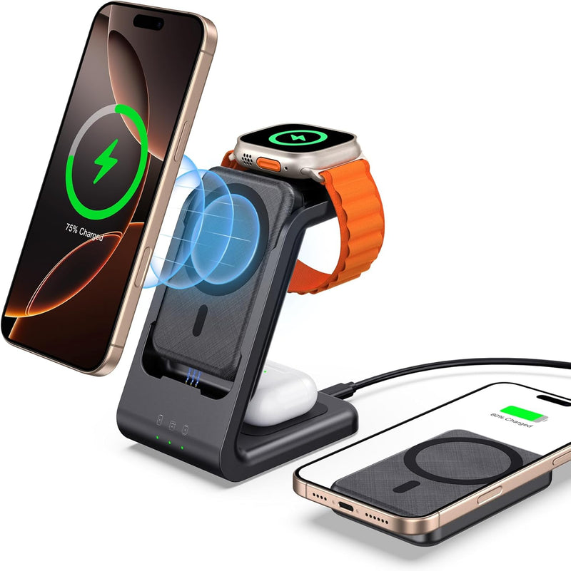 leChivée Mag-Safe Wireless Charger für Apple mit 5000mAh abnehmbarem P-ower Bank,3 in 1 Ladestation