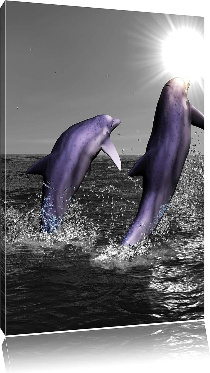 Fröhliche Delfine springen im Meer, Format: 80x120 auf hochkantiges Leinwand, 80x120