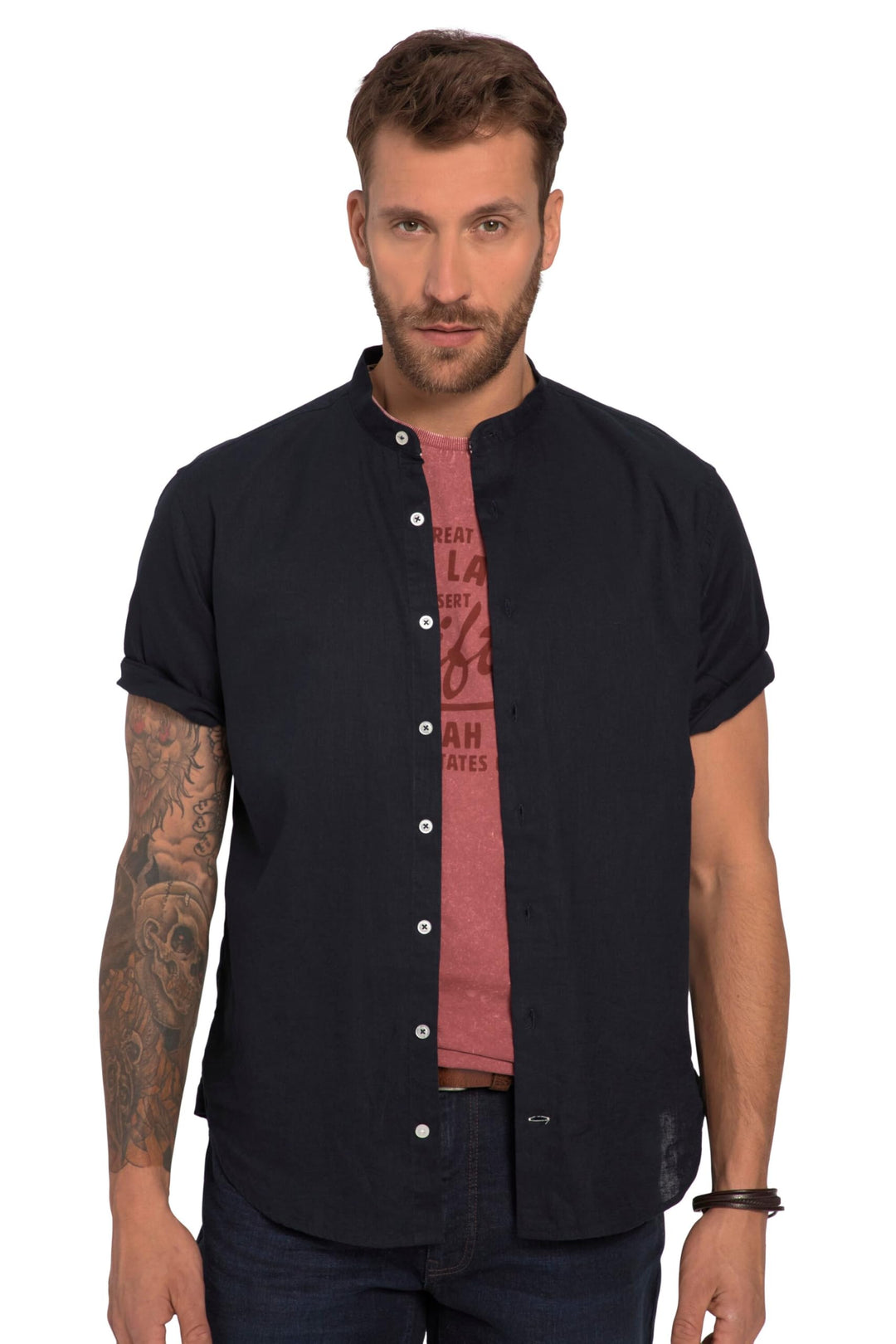 JP 1880 Herren, Halbarm, Leinenmix, Stehkragen, Modern Fit Hemd 5XL Navy Blau, 5XL Navy Blau