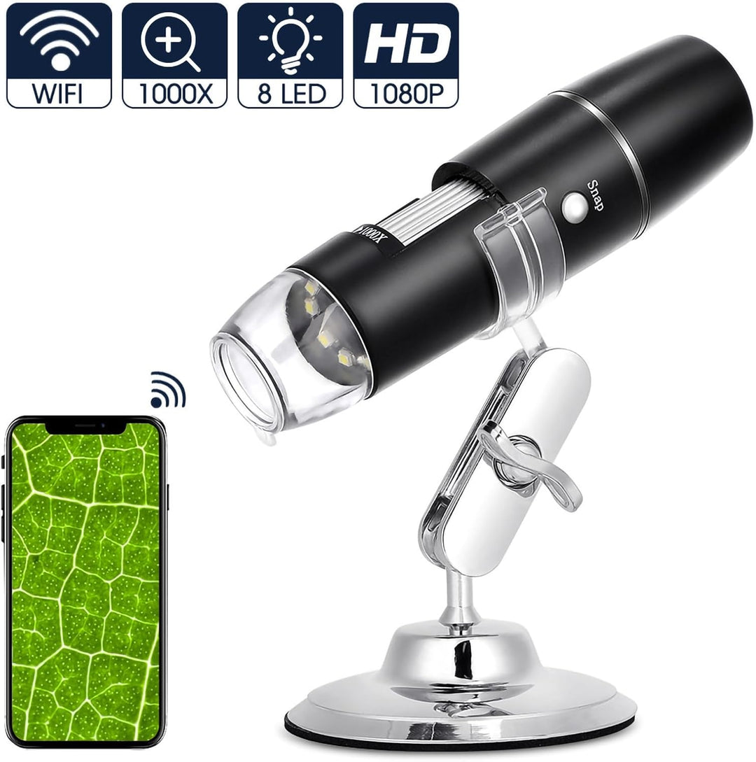 USB Mikroskop Digital, 0X-1000X LED Handy Mikroskop Taschenmikroskop mit Verstellbarem Ständer WiFi-