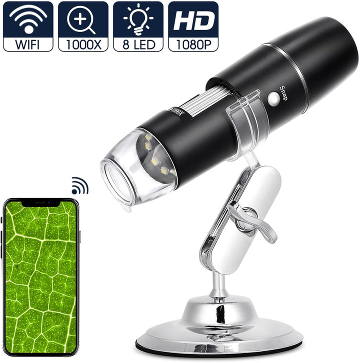 USB Mikroskop Digital, 0X-1000X LED Handy Mikroskop Taschenmikroskop mit Verstellbarem Ständer WiFi-
