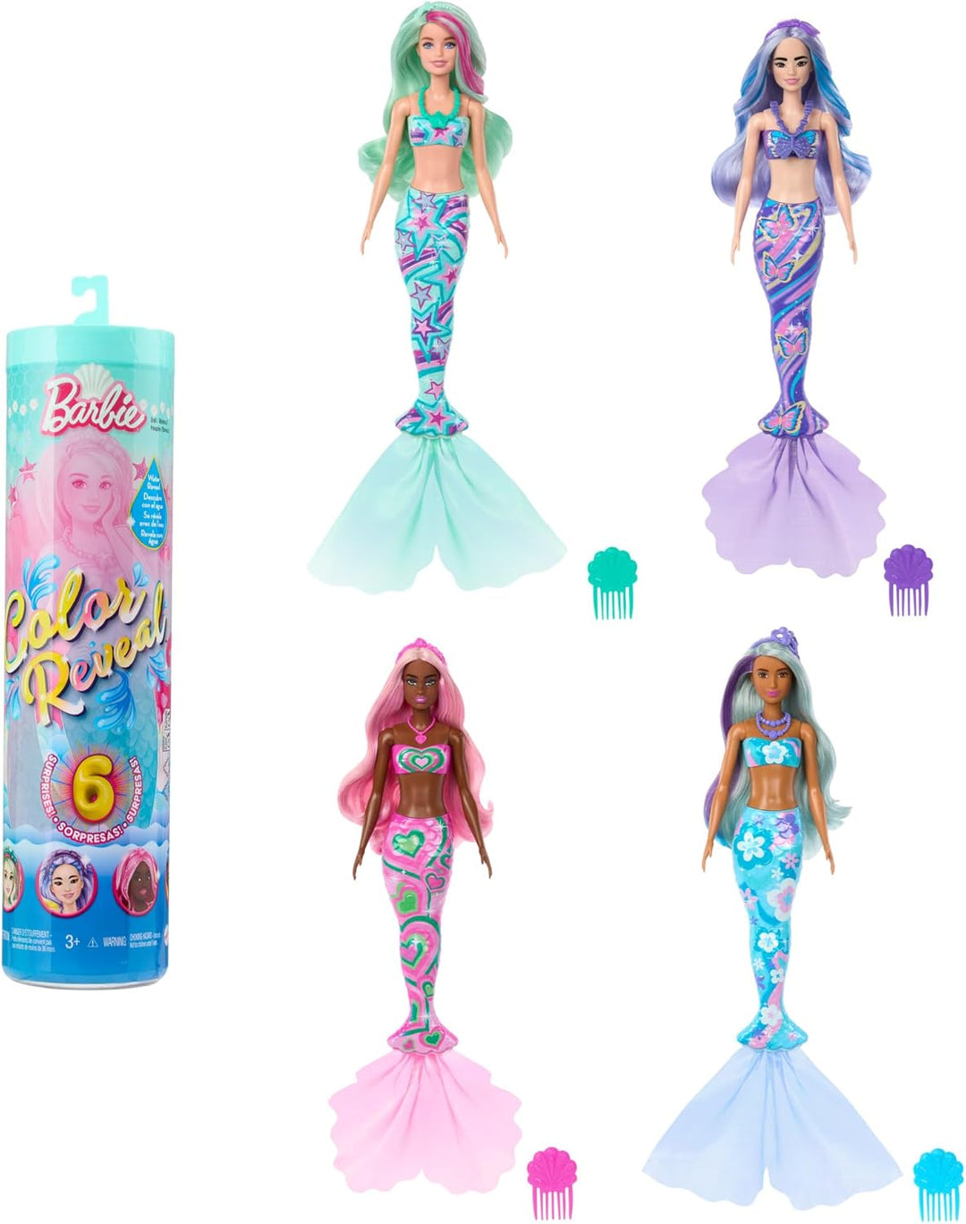 Barbie Color Reveal-Puppe und Zubehörteile mit 6 Überraschungen zum Auspacken, Meerjungfrauen-Serie