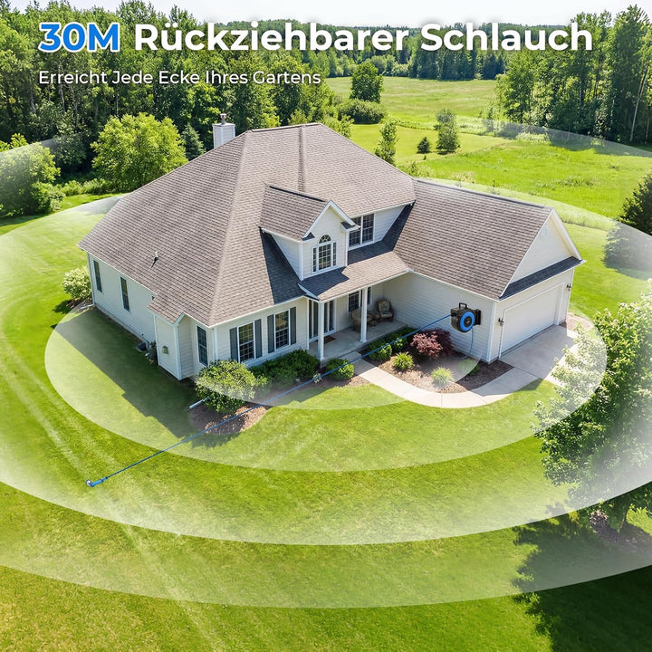 Himimi Schlauchtrommel 30m + 2m Wand-Schlauchbox, 180° Schwenkbar Gartenschlauch Aufroller, Wasser S