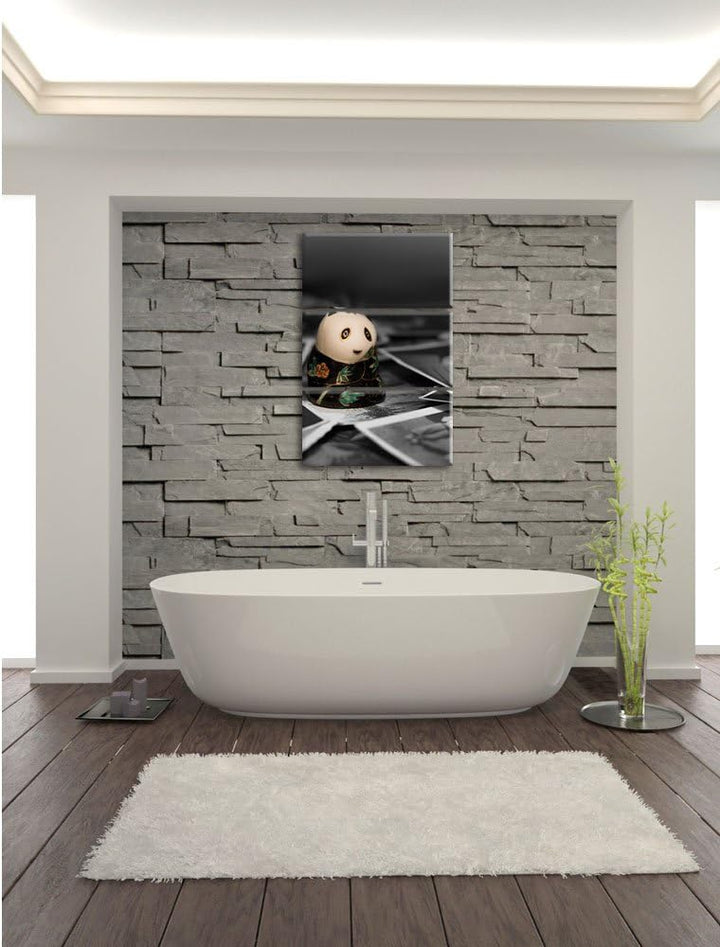 Pixxprint Panda Figur zwischen Fotografien als Leinwandbild/Grösse: 3 Teilig (120x80) cm/Wandbild/Ku