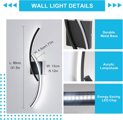 LED Wandleuchte Innen, 27W 3000lm LED Wandlampe Lang 2 Flammig, Modern Gebogene Design LED Wandbeleu