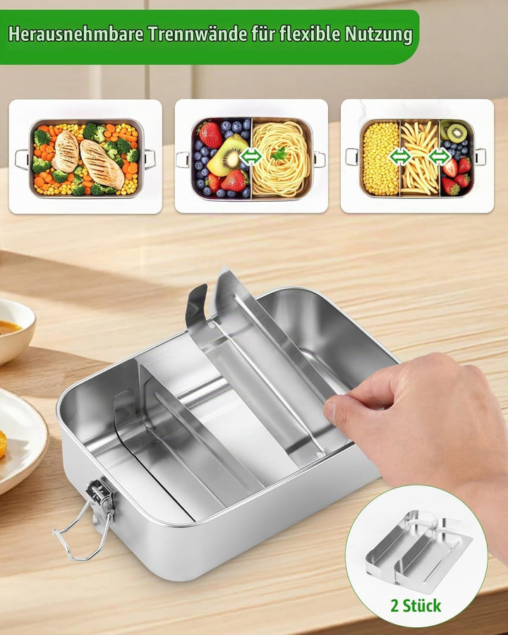1400ml Edelstahl Brotdose Lunchbox Erwachsene Edelstahl Brotbox Inox mit Trennwand, Auslaufsicher, m