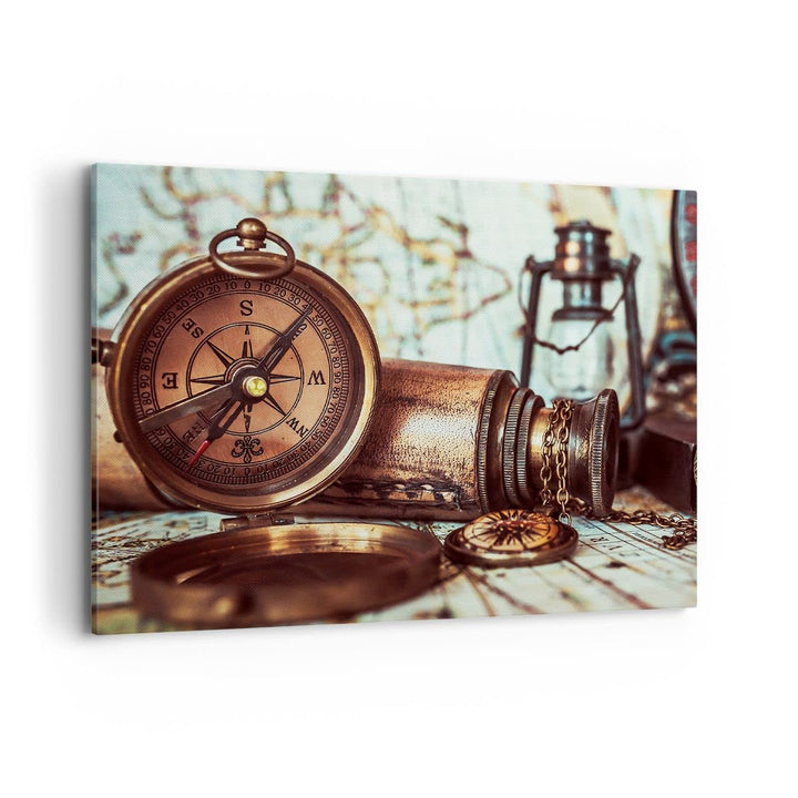 Bilder auf Leinwand 100x70cm Leinwandbild Kompass Teleskop Abenteuer antik Gross Wanddeko Bild Schla