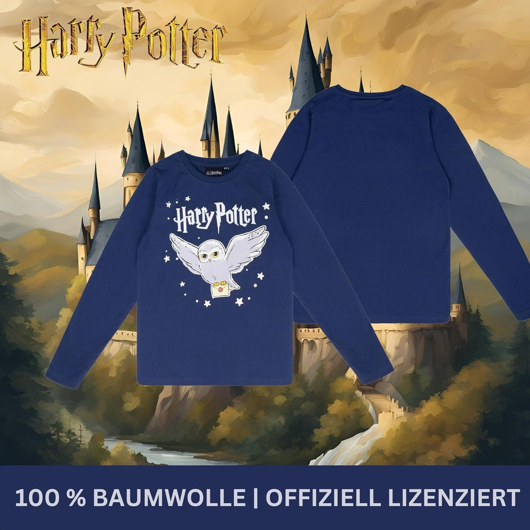 Harry Potter Mädchen Pullover Hogwarts Langarmshirt - T-Shirt mit Hedwig Design - 100% Baumwolle - B