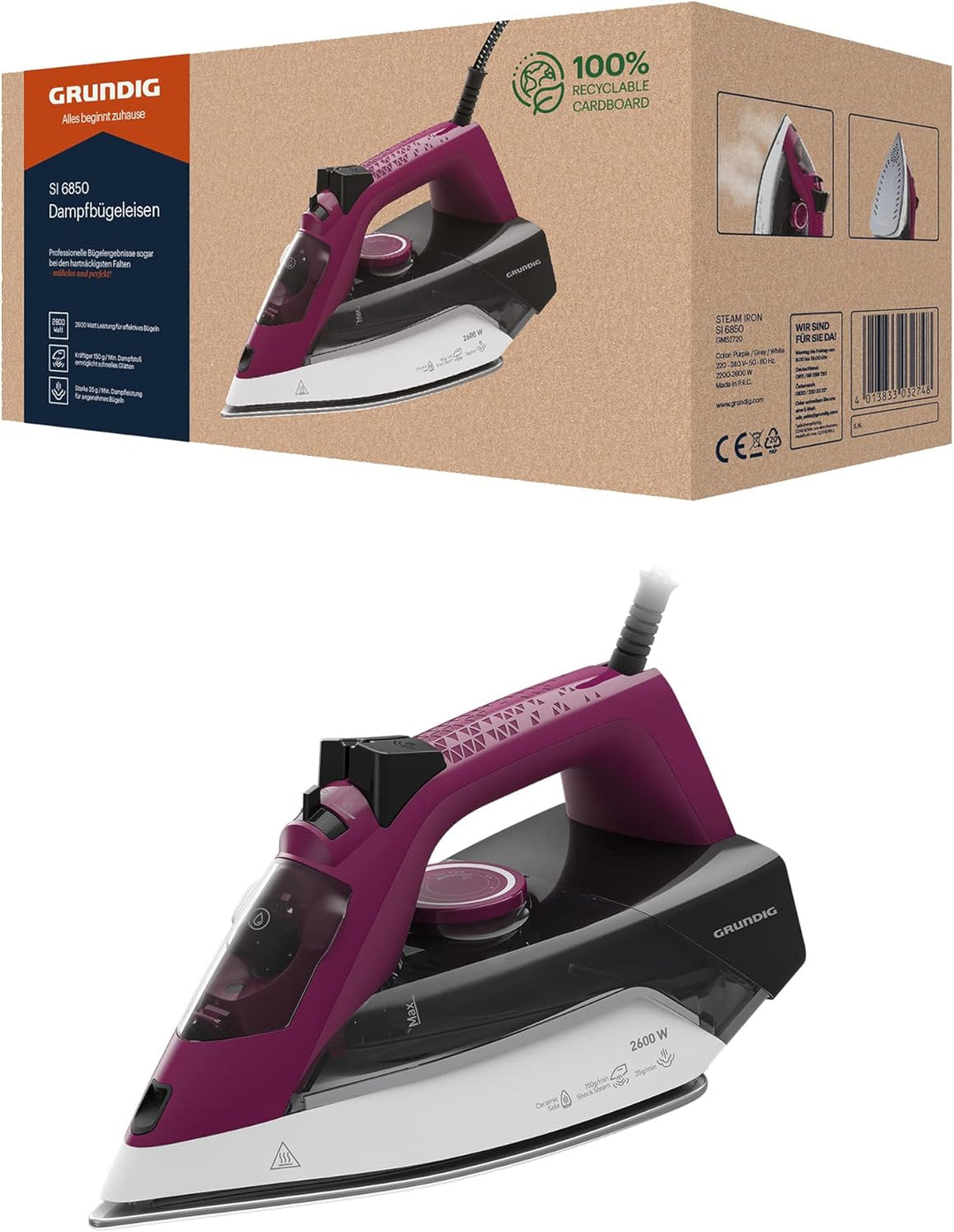 Grundig SI 6850 Dampfbügeleisen, Keramik, Violett/Grau/Weiss