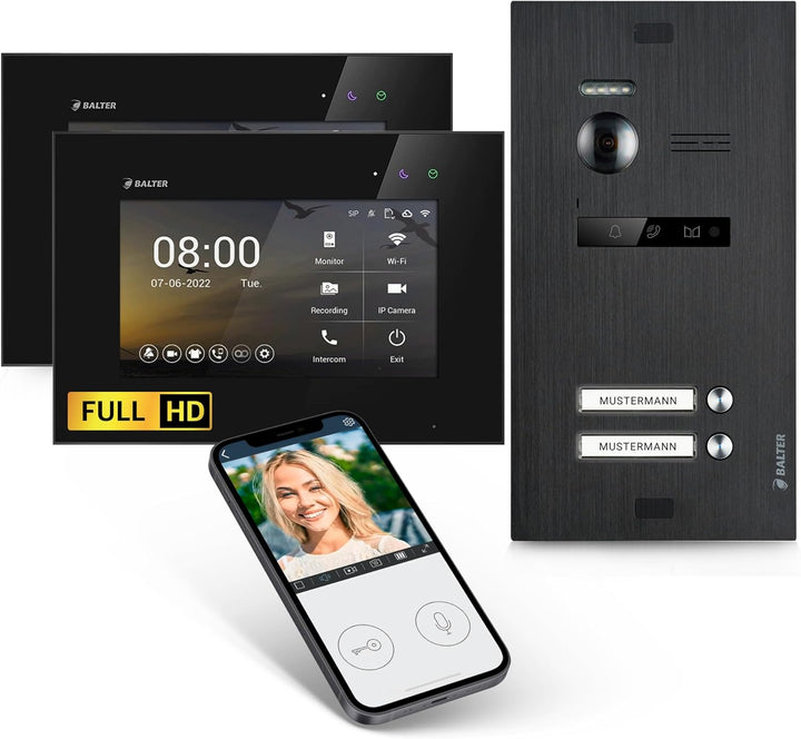 Balter EVO-HD Video Türsprechanlage, Video Türklingel mit Kamera, 2 familienhaus Klingel, Smartphone