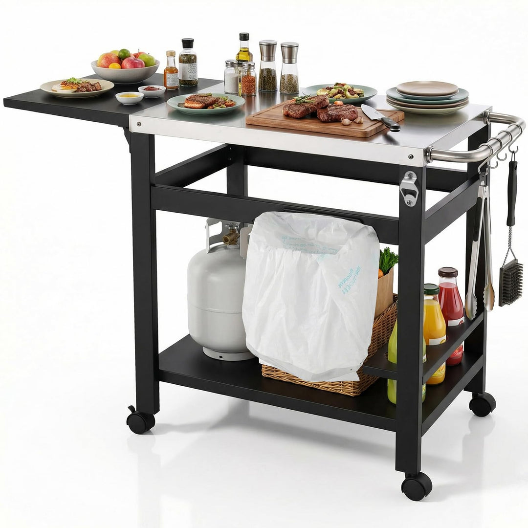 LIFERUN Grillwagen mit Klappbarem Beistelltisch, Robuster Grilltisch mit Edelstahl Tischplatte, 2-Eb